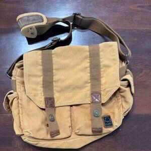 SC COTTON Messenger Tan Canvas And Brown Leather Crossbody Shoulder Bag